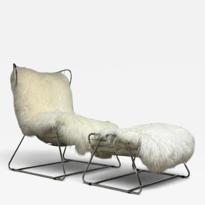 Polished Stainless Steel and Shearling Chair and Ottoman 2000s