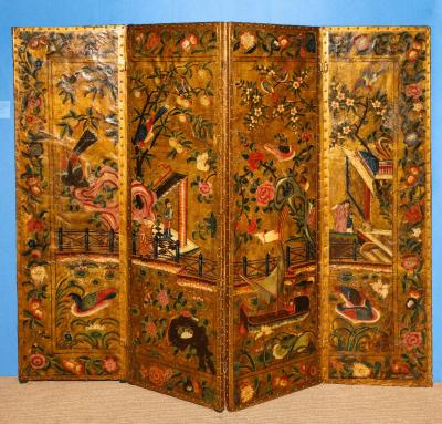 Polychrome Painted Panel Gilt Leather Screen