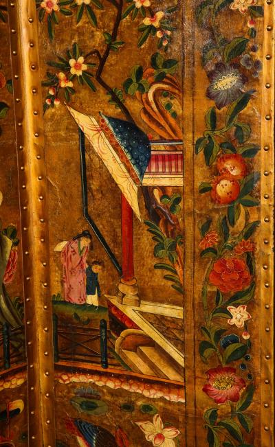Polychrome Painted Panel Gilt Leather Screen