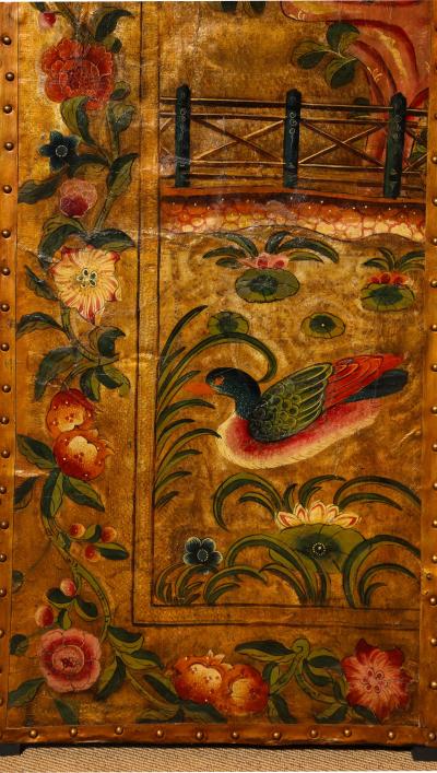 Polychrome Painted Panel Gilt Leather Screen