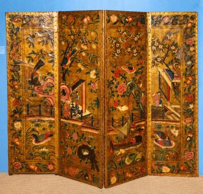 Polychrome Painted Panel Gilt Leather Screen
