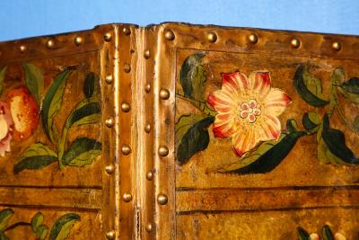 Polychrome Painted Panel Gilt Leather Screen