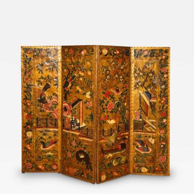 Polychrome Painted Panel Gilt Leather Screen