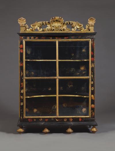 Polychrome Parcel Gilt Hanging Wall Cabinet With Floral Exotic Bird Decoration