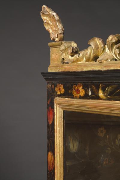 Polychrome Parcel Gilt Hanging Wall Cabinet With Floral Exotic Bird Decoration