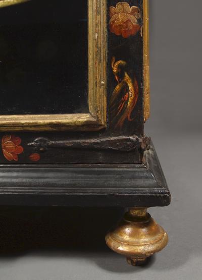 Polychrome Parcel Gilt Hanging Wall Cabinet With Floral Exotic Bird Decoration