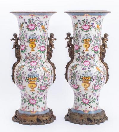 Porcelain Gilt Bronze Belle Epoque Style Pair Vase