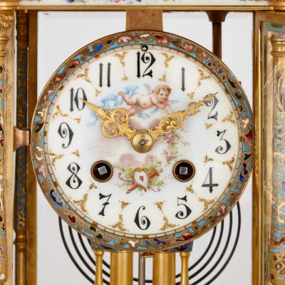 Porcelain champlev enamel and gilt bronze Rococo style three piece clock set