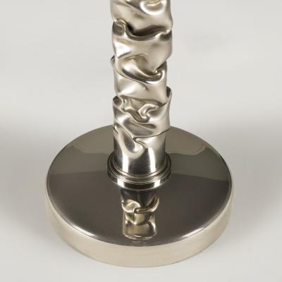 Porta Romana Pair of tall melting metal polished nickel lamps by Porta Romana