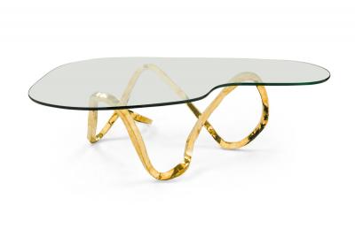Porto Organic Loop Design Polished Bronze and Glass Coffee Tables by Newel Mod