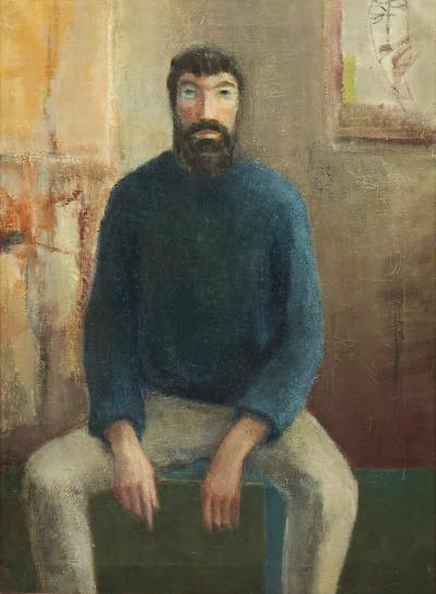 Portrait of a Sitting Man Oil and Tempera Paint on Canvas Belgium 1964