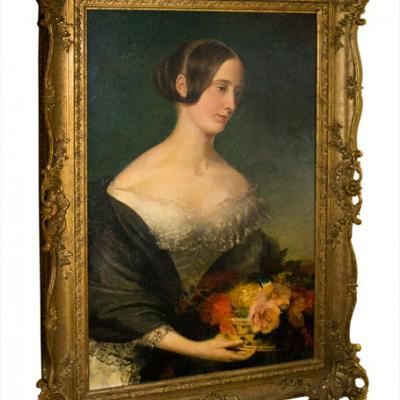 Portrait of a Young Lady with Flowers Early 1800s Oil on Canvas
