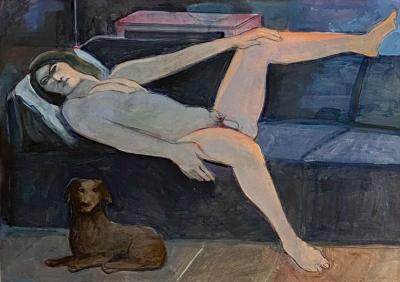 Portrait of a Young Man and Dog by Theophilus Brown circa 1960