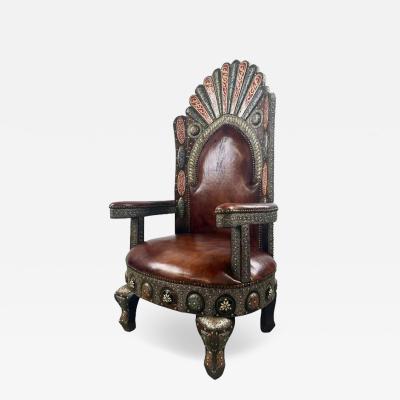 Portuguese Colonial Style Leather Filigree Design Throne Chair