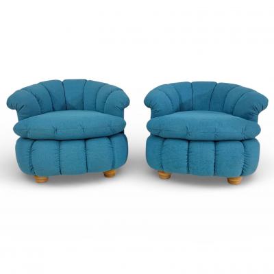 Post Modern Biscuit Tufted Pair Turquoise Lounge Chairs 1980