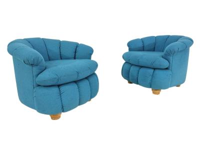 Post Modern Biscuit Tufted Pair Turquoise Lounge Chairs 1980