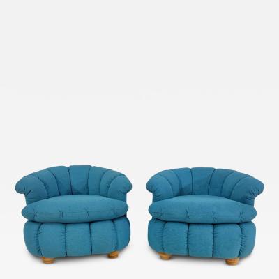 Post Modern Biscuit Tufted Pair Turquoise Lounge Chairs 1980