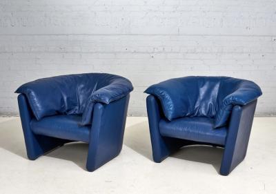 Post Modern Blue Leather Barrel Lounge Chairs 1980