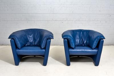 Post Modern Blue Leather Barrel Lounge Chairs 1980