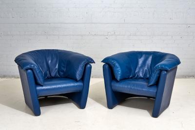 Post Modern Blue Leather Barrel Lounge Chairs 1980