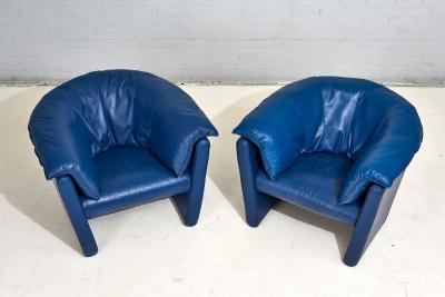 Post Modern Blue Leather Barrel Lounge Chairs 1980