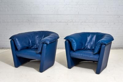 Post Modern Blue Leather Barrel Lounge Chairs 1980