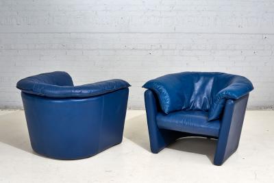 Post Modern Blue Leather Barrel Lounge Chairs 1980