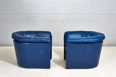 Post Modern Blue Leather Barrel Lounge Chairs 1980
