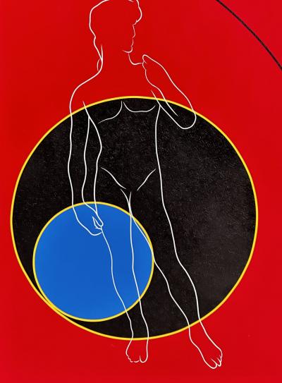 Post Modern Geometric Figural Acrylic on Canvas Signed AB 1980