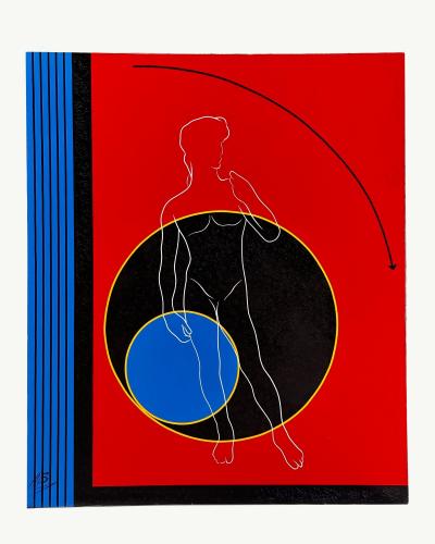 Post Modern Geometric Figural Acrylic on Canvas Signed AB 1980