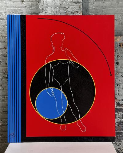 Post Modern Geometric Figural Acrylic on Canvas Signed AB 1980