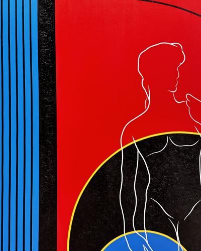 Post Modern Geometric Figural Acrylic on Canvas Signed AB 1980