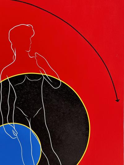 Post Modern Geometric Figural Acrylic on Canvas Signed AB 1980