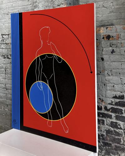 Post Modern Geometric Figural Acrylic on Canvas Signed AB 1980