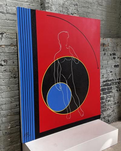 Post Modern Geometric Figural Acrylic on Canvas Signed AB 1980