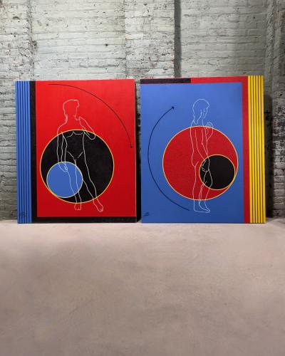 Post Modern Geometric Figural Acrylic on Canvas Signed AB 1980