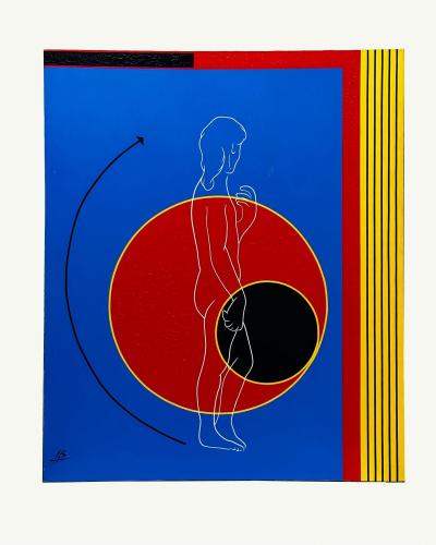 Post Modern Geometric Figural Acrylic on Canvas Signed AB 1980