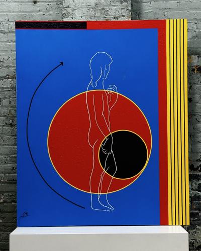 Post Modern Geometric Figural Acrylic on Canvas Signed AB 1980