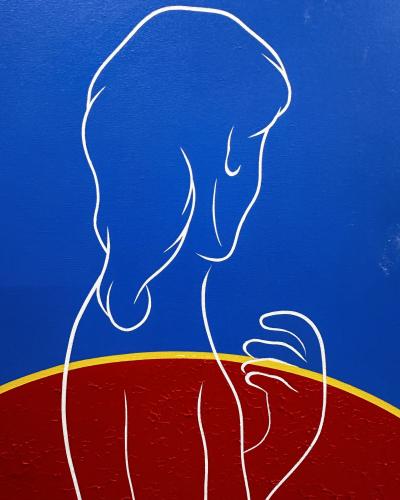 Post Modern Geometric Figural Acrylic on Canvas Signed AB 1980