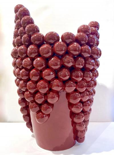 Post Modern Italian Pair Sculptural Ceramic Dark Wine Vases with Grapevine Decor