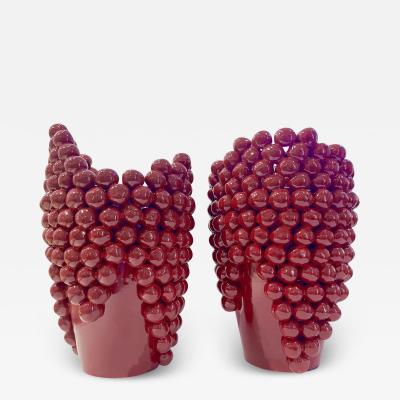 Post Modern Italian Pair Sculptural Ceramic Dark Wine Vases with Grapevine Decor