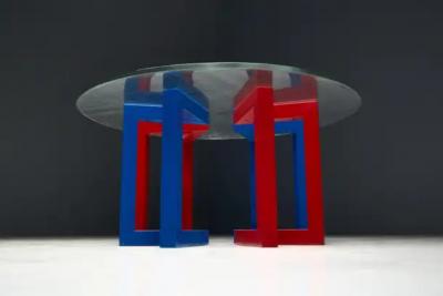 Postmodern Dining Table with Hand Blown Glass Top Italy 1980s