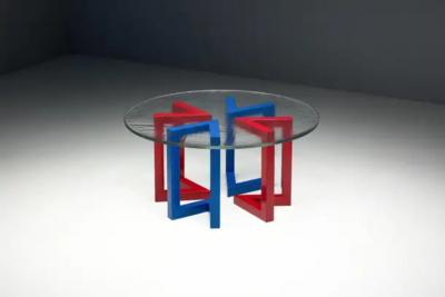 Postmodern Dining Table with Hand Blown Glass Top Italy 1980s
