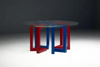 Postmodern Dining Table with Hand Blown Glass Top Italy 1980s