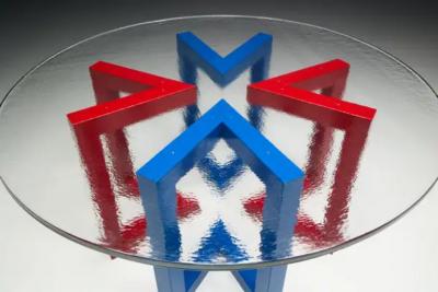 Postmodern Dining Table with Hand Blown Glass Top Italy 1980s