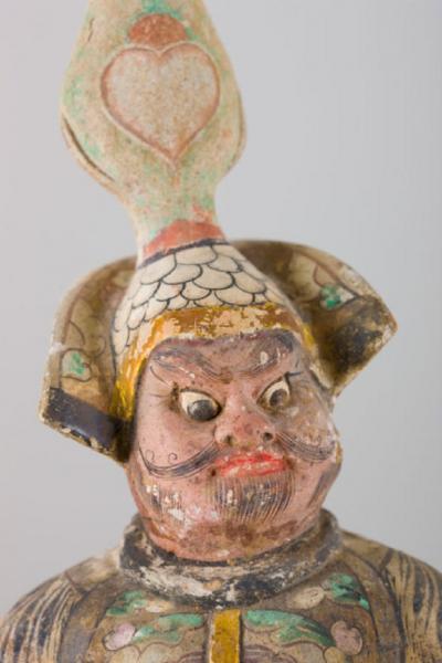 Pottery Figure of a Small Lokapala in Full Armor Astride a Bull