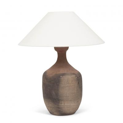 Pottery Vessel Lamp with Off White Linen Shades