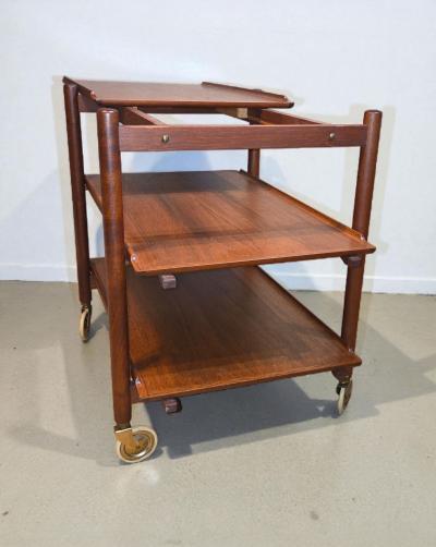 Poul Hundevad Poul Hundevad Teak Adjustable 3 Shelf Rolling Cart Denmark 1960s