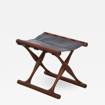 Poul Hundevad Signed Guldhoj Teak and Leather Folding Stool by Poul Hundevad for Vamdrup