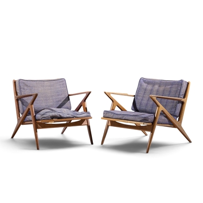 Poul Jensen Poul Jensen for Selig Mid Century Walnut Z Lounge Chairs Pair